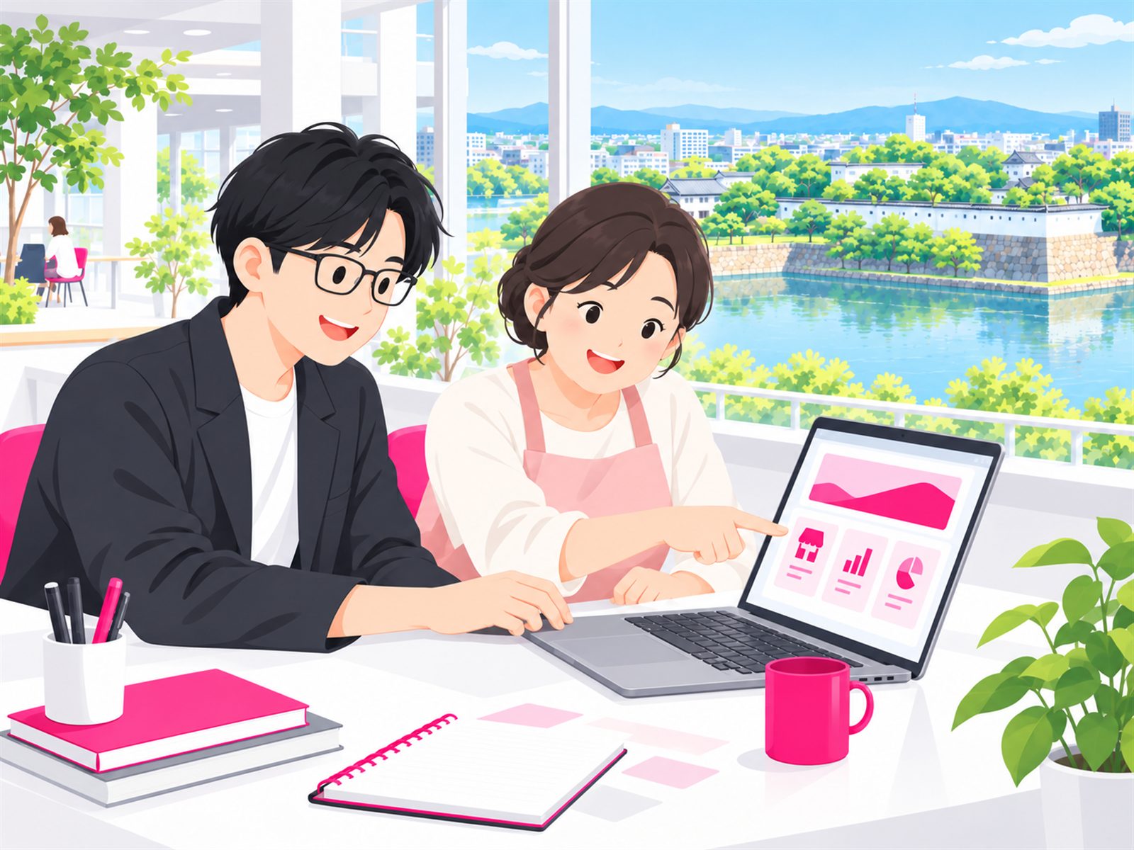 地元のお店の方と一緒に、アプリの画面を確認している様子のイラスト
